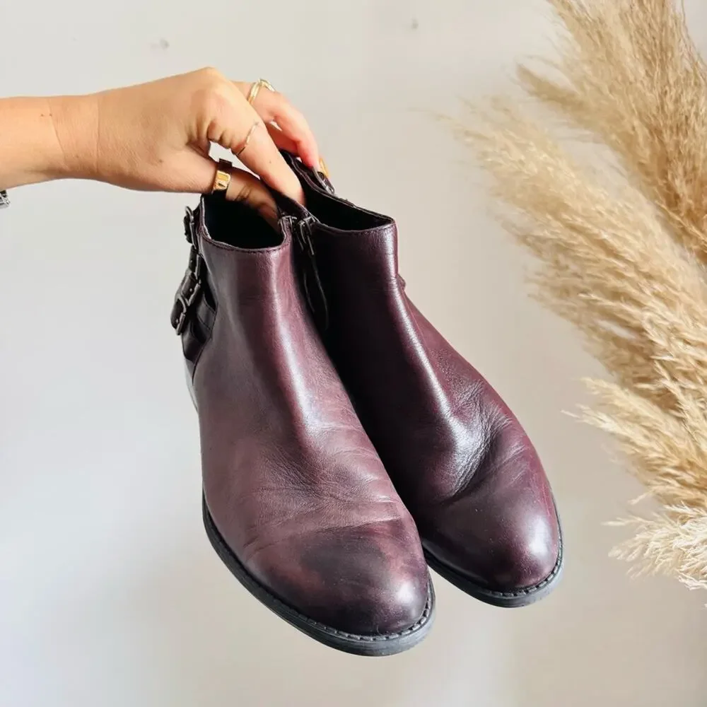 FRANCO SARTO Black Plum Purple Buckle $195 Low Ankle Boots Booties Shoes 8.5